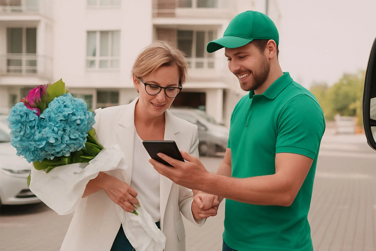 A middle age woman, confirming the order while looking on the mobile app by the delivery man holding
