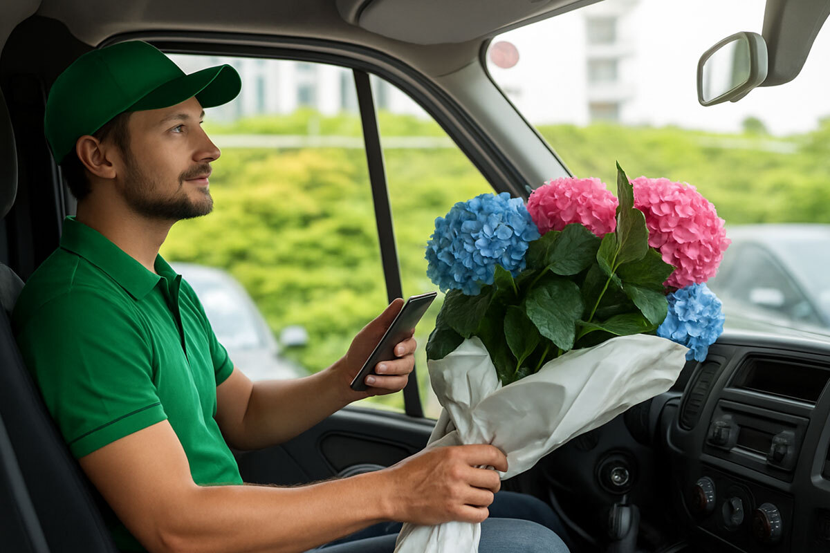 Delivery man in the car holding the bouquet while on the phone