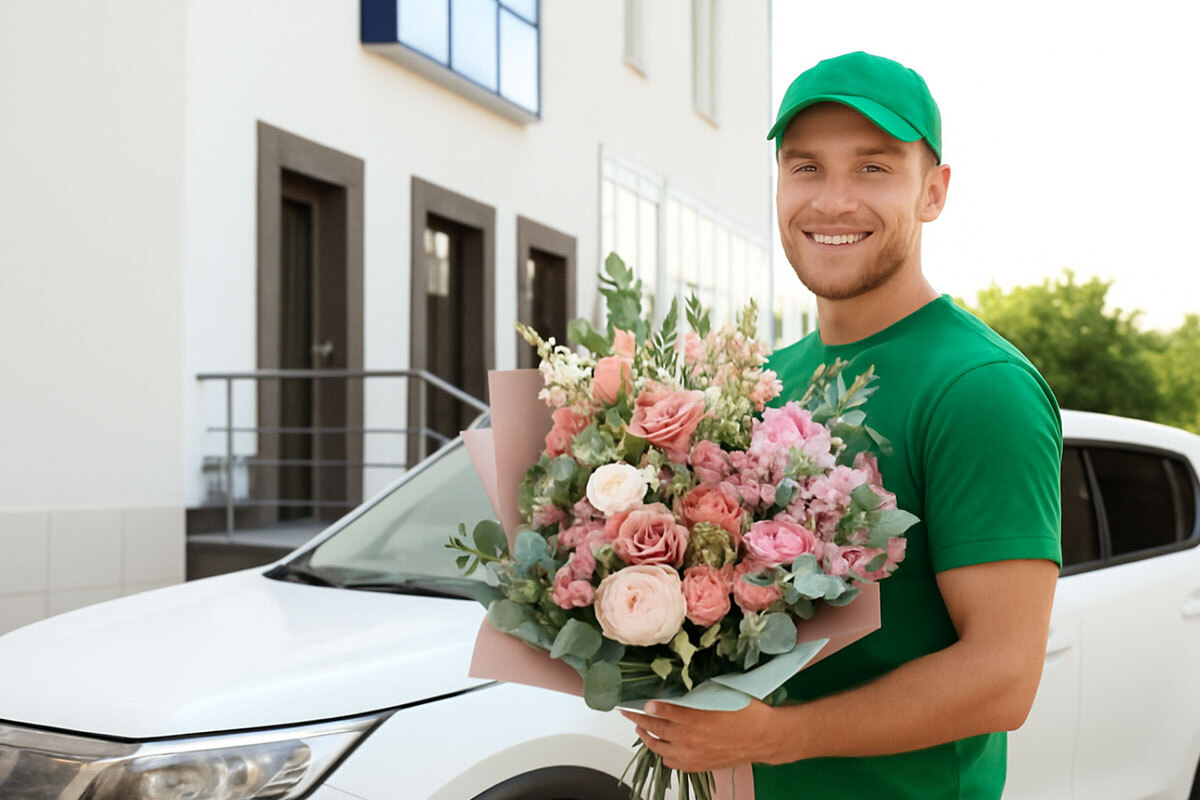 Delivery Man holding a bouqet of flowers