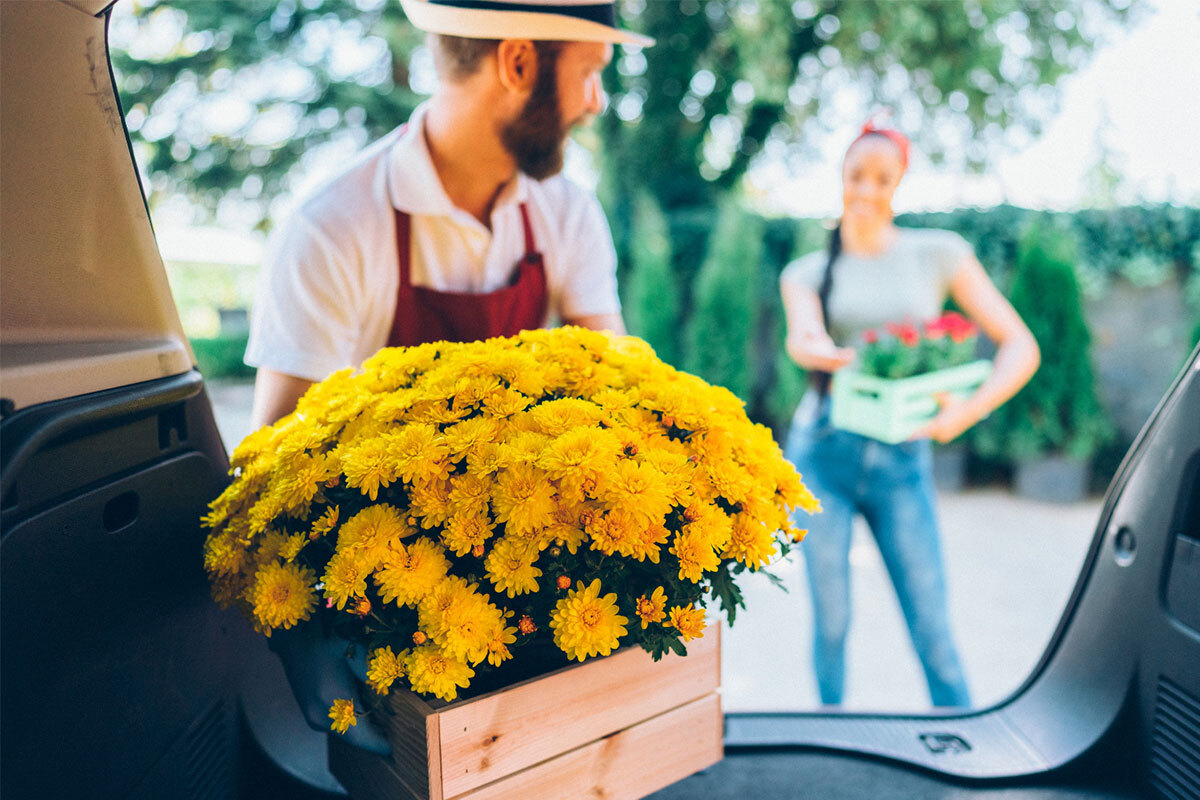 A florist unloading the flowers from the van, while the other florist on the background