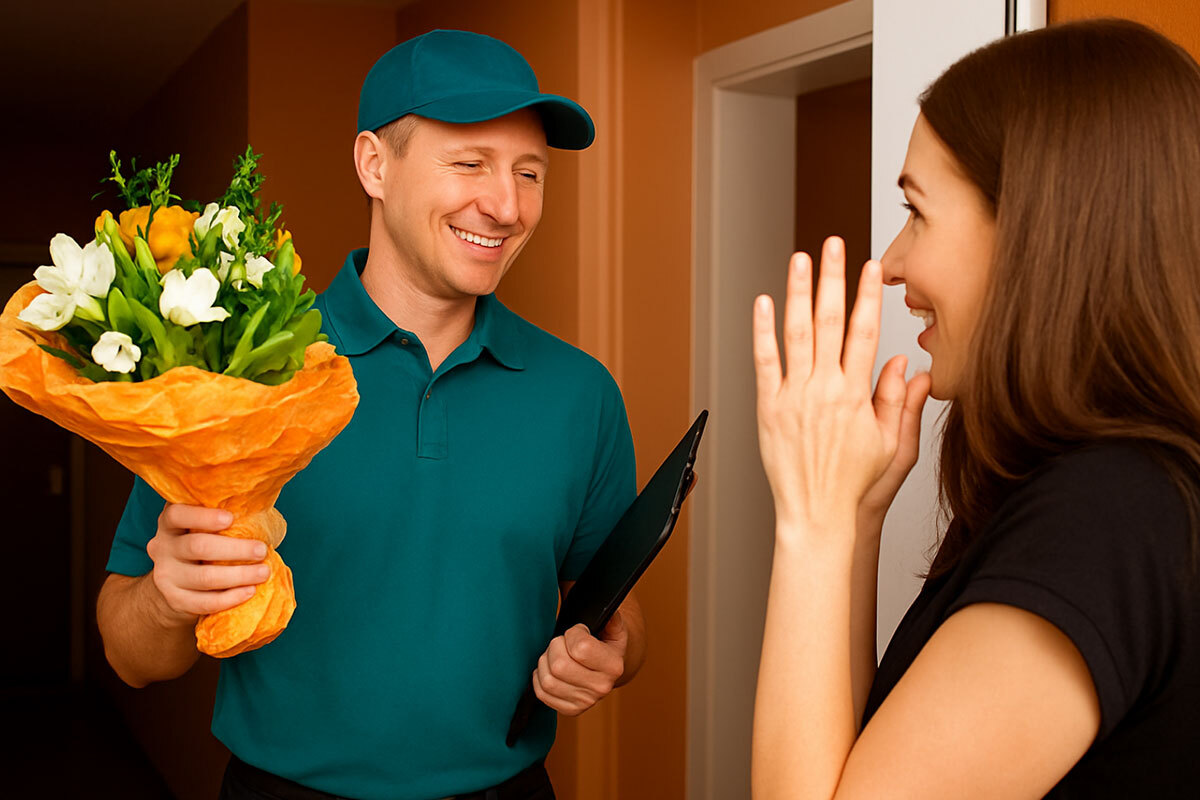A woman was suprise receiving a flowers.