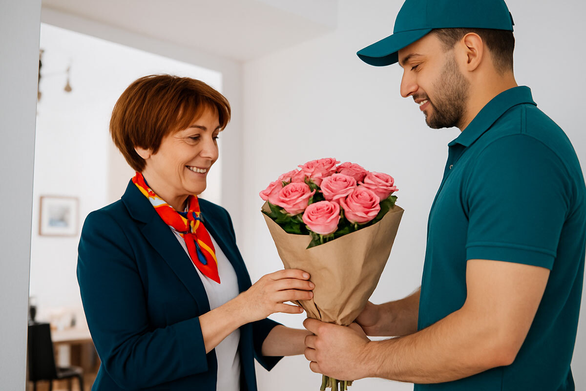 A middle age woman, happy receiving a vibrant pink roses bouquet.