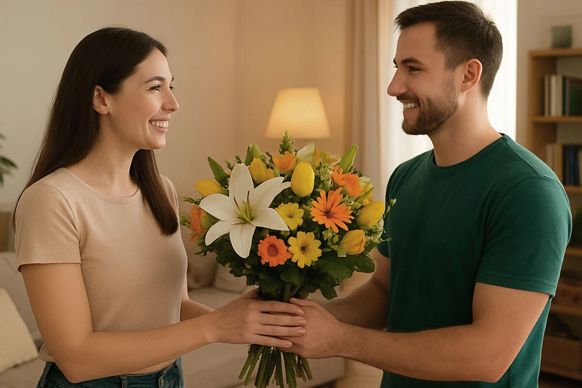 Woman receives flowers