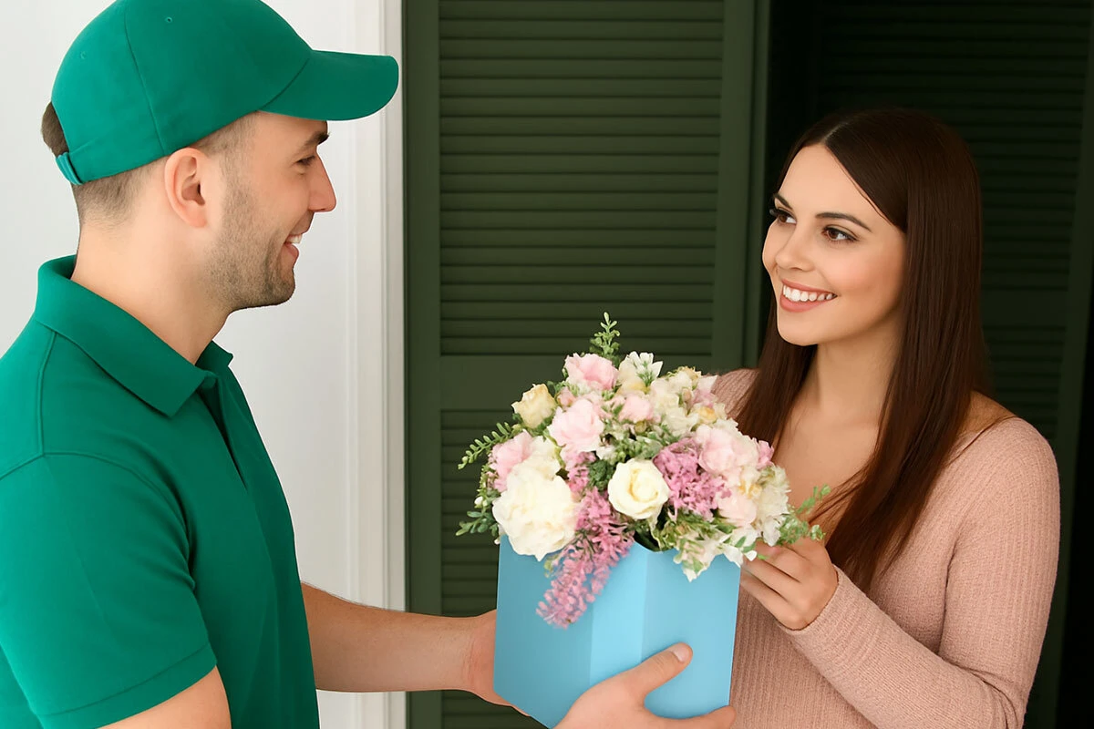 A young woman, receives bouquet of flowers in a box, deliver to her home.
