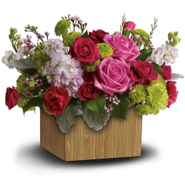 Wooden box arrangement with pink and magenta roses, green pom flowers, and mixed seasonal blooms.