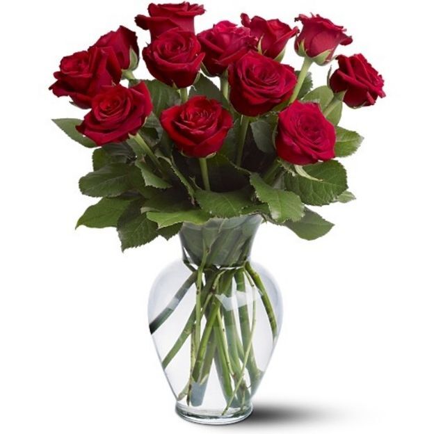 Dozen long-stem red roses with lush greens in a clear glass vase on a white background.