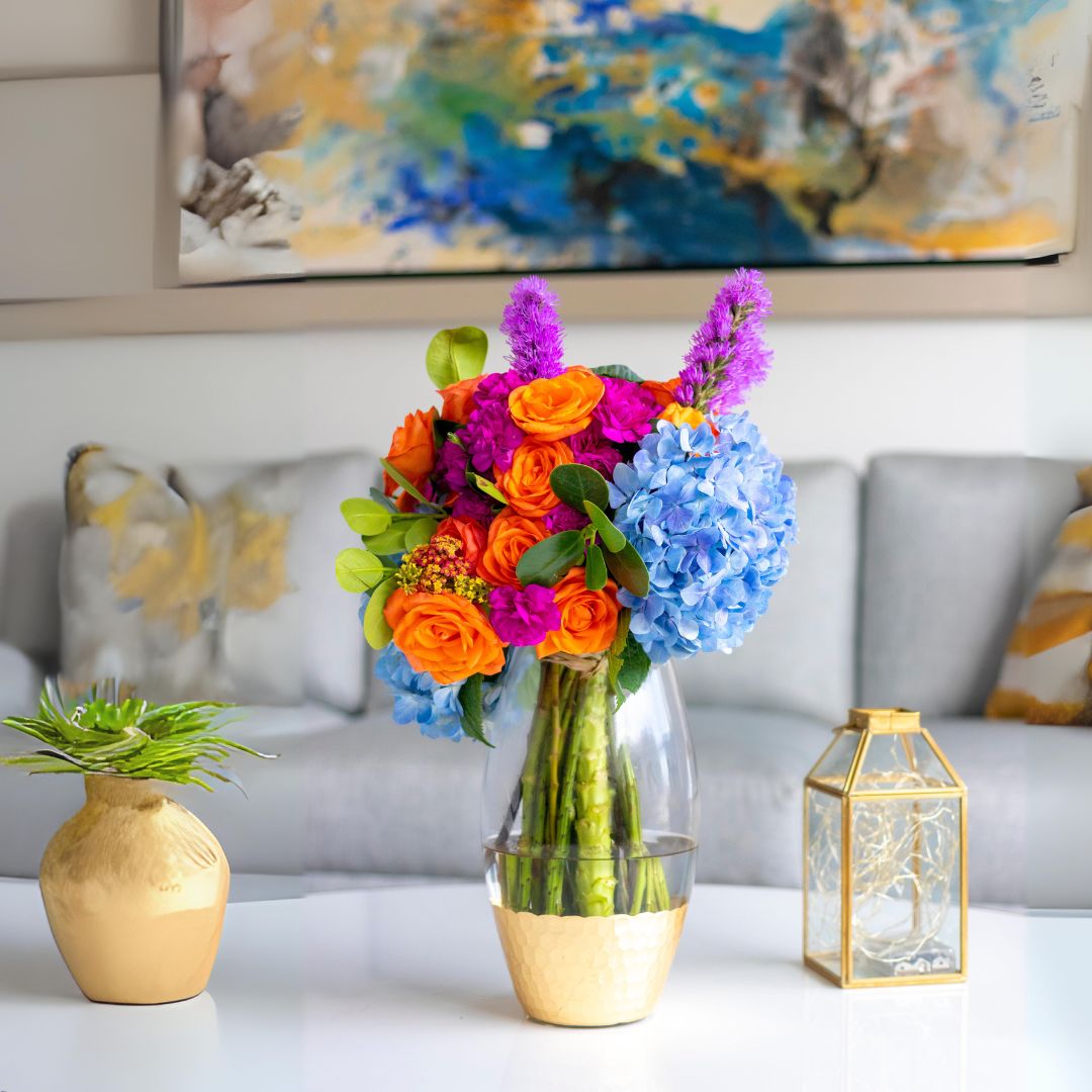 flower arrangement on coffee table